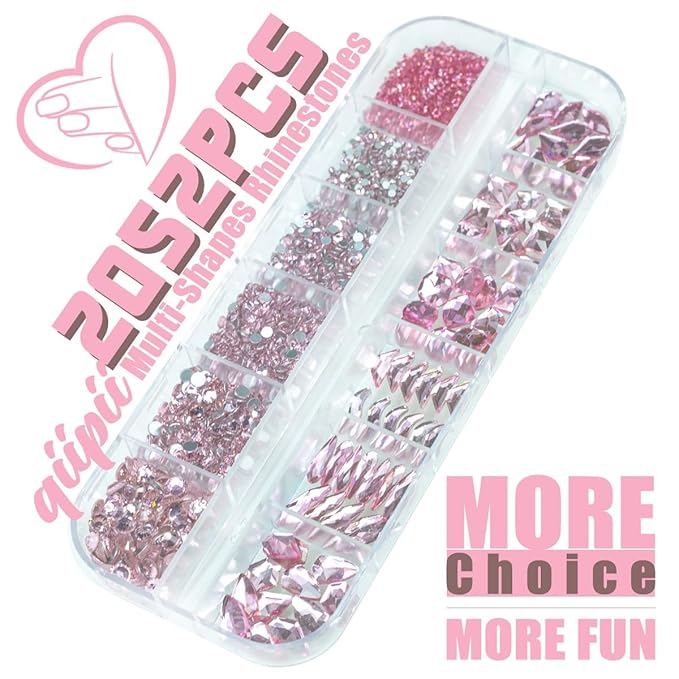 2052Pcs Pink Nail Rhinestones 12 Shapes Light Pink Rhinestones for Nails Flatback K9 Glass Gems Round Beads Stones Diamonds Crystals Nail Charms Art Supplies for Nails Face Eyes Makeup Crafts