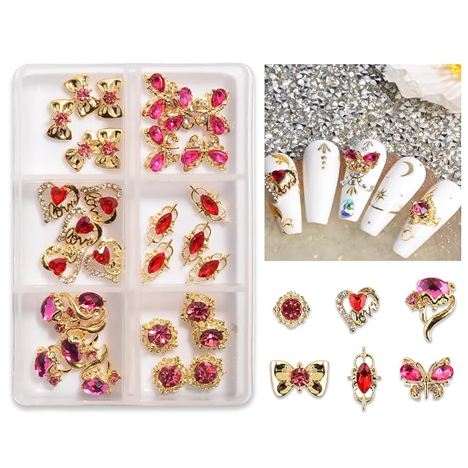 30Pcs Nail Charms 3D Mixed Butterfly Bow Tie Heart Fox Flower Shaped Nail Rhinestones Glitter Gems Metal Gold Rose Red Pink Nail Charms for Girl Women DIY Nail Art Craft Decoration