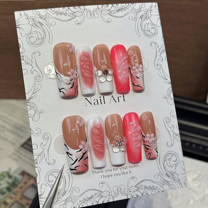 Handmade Press on Nails Long Square Shaped Fake Nails with 3D Rhinestones Flower Design Thick Acrylic and Muti-Layer Gel False Nails White French Tip Full Cover Acrylic Nails for Women (Size M)