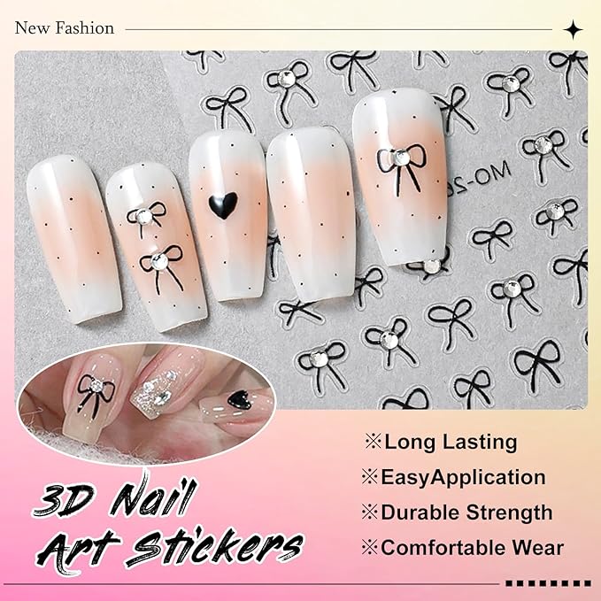 5 Sheets Bow Nail Sticker 3D Embossed Self-Adhesive Color Bow Art Nails Decals 5D Design Stickers Supplies for Women Girls Manicure Decoration 807-19