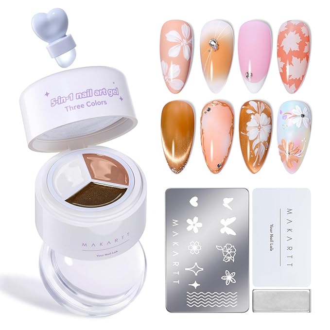 Makartt 5-in-1 Nail Art Gel: ColorPot 3 Colors Gel Nail Polish No Wipe with Nail Stamp for French Tips, Stamping, Ombre Patting, Painting & 3d Micro-Sculpting with Silicone Head for Diy Home Salon Use