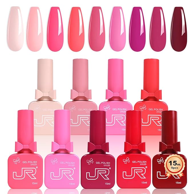 JR 9pcs 15ml Gel Nail Polish Set Red Nude Pink Gel Polish Kit Nude Pink Gel Polish Nail Art Manicure Salon DIY Soak Off UV LED Nail Gel Kit DIY Art Manicure