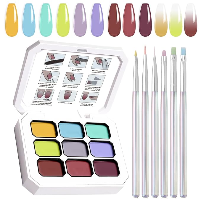 Gradient Gel Nail Set, 9 Colors Ombre Gel Nail Polish with 6 Aurora Multi-Purpose Brushes for Pigment Pat Nails French Manicure Nail DIY Painting Soak Off UV F Tropic Dusk