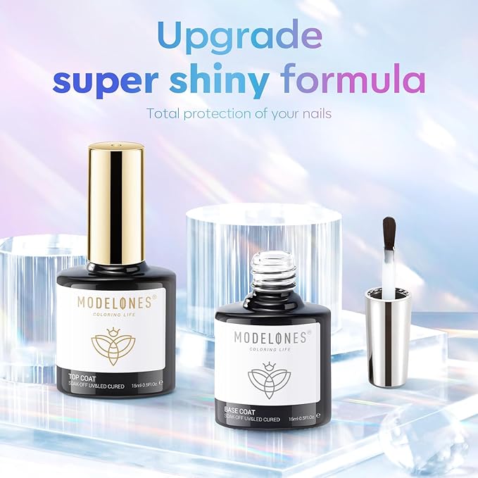 modelones Gel Top Coat, 15 ml 2026 Upgrade Super Shiny Base and Top Coat Set, Soak Off Nail Lamp Acid Free No Wipe Clear Base Top Gel Nail Polish