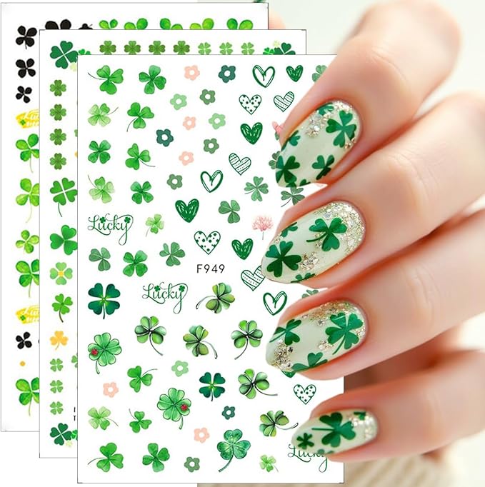 6 Sheets St. Patrick's Day Nail Art Stickers 3D Self-Adhesive Green Shamrock Nail Decals Clover Nail Stickers Luck Leaf of Irish Nails Designs St. Patrick's Day Nails Supplies for Women Manicure DIY