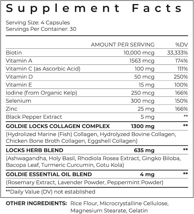 Goldie Locks Hair Growth Supplements Refill - Original Formula - Supports Hair, Skin, Nails & Joints - with Biotin, Multi-Collagen, Zinc & Adaptogenic Herbs - Daily Beauty Supplement - 120 Count