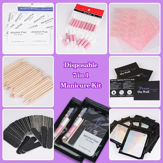 Disposable Nail Supplies Kits,Professional Manicure Press On Nail Tool Kit With Nail File,Adhesive Tabs,Nail Glue,Sticks, Prep Pads,Bags,Cards for Nail Business(Black-140pcs20set)