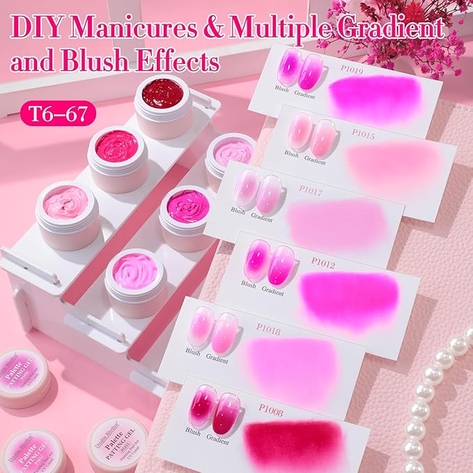 Double Rhythm Painting Gel Polish Set for Nail Art Palette Patting Gel Polish 6 Colors with 100 Pcs Sponges and Grabbing Pen (Pink Rose Purple-T6-67)