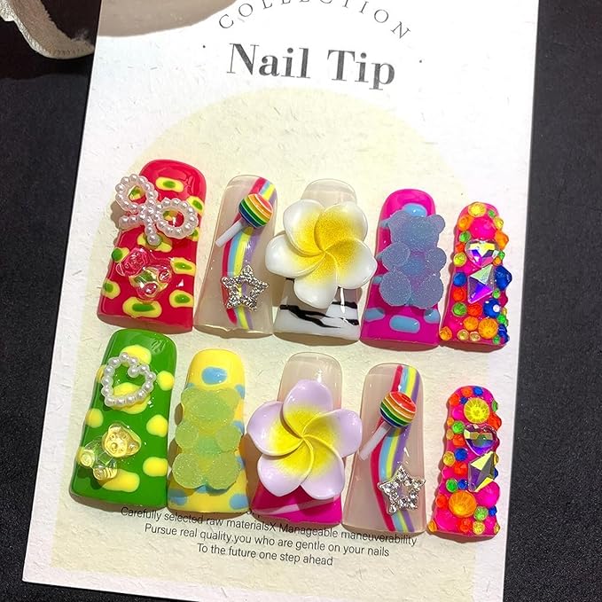 Handmade Press on Nails Medium Duck Fake Nails 3D Flower False Nails Colorful Twinkle Candy Artificial Acrylic Thick Stick on Nails Handmade for Women Manicure Art Decorations (Size S)