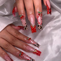 Red French Tip Press on Nails Long Square Fake Nails Glossy Glue on Nail with with Bow Charm Rhinestone Bling Acrylic False Nails Brown Cheeatah Artificial Nails Stick on Nail for Women