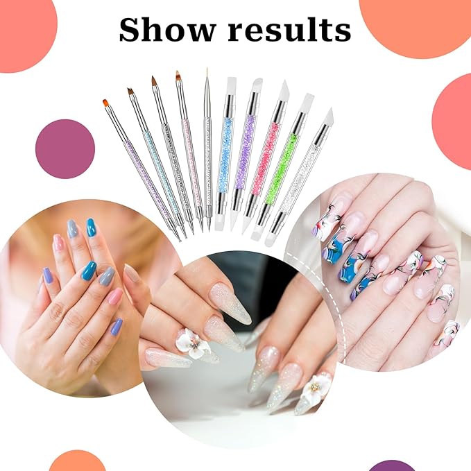 Nail Art Brush Set, 10 Pcs Dual Tipped Silicone Nail Tools Nails Art Sculpture Pen Crystal Handle Liner Brush, Silicone Brushes for Resin Nails Arts Tools for NailSalon Design Foil Carving Drawing