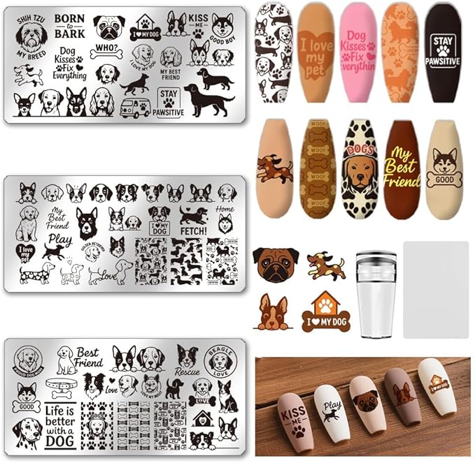 UNICRAFTALE 3Pcs Cute Dog Nail Stamp Plates Set Pets Animals Nail Stamping Plate Puppy Love Image Nail Stencils Dog Paws Design Nail Art Stamping Template with Nail Scraper for Dog Lover Manicure