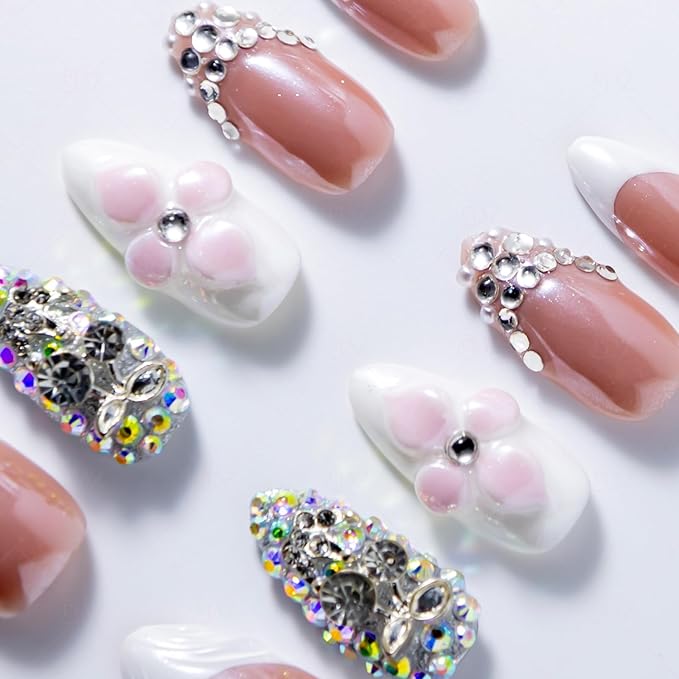 10 Pieces Handmade Press On Nails Medium Almond, White Thickened False French Nails, Rhinestone And Flower, Reusable Fake Nails Almond, Reusable Acrylic Nails (L)
