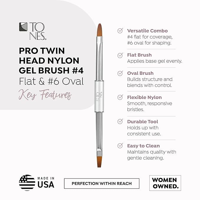 Tones Twin Head Nail Art Nylon Gel Brush - 100% Kolinsky Sable Hair Brush for Acrylic Nails - Ultra Precise Nail Sculpting and 3D Nail Art Brush (#4 Flat & #6 Oval)