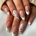 Medium Press on Nails Almond Fake Nails French False Nails White Artificial Nails with Floral Designs Acrylic Nail Press ons Cute Stick on Nails for Women 24pcs