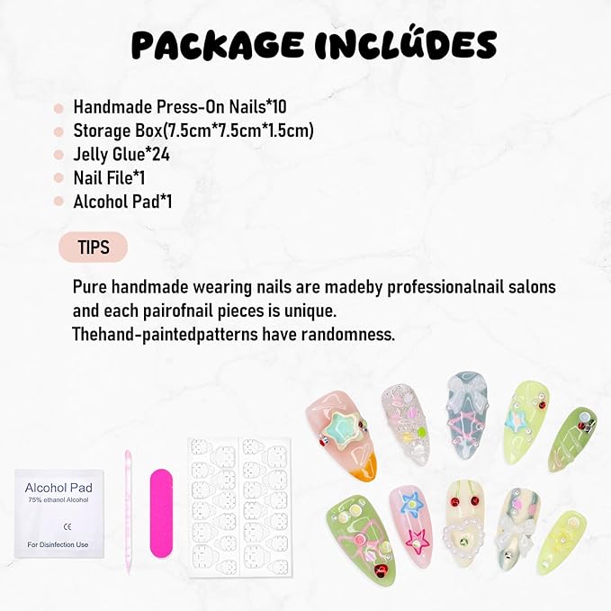 Short Press on Nails Almond Handmade False Nails 3D Stars Bow Pearl Designs Summer Flower Cherry Thick Acrylic Nails Full Cover Fake Nail Set Cute Glue on Nails for Women (Size M)