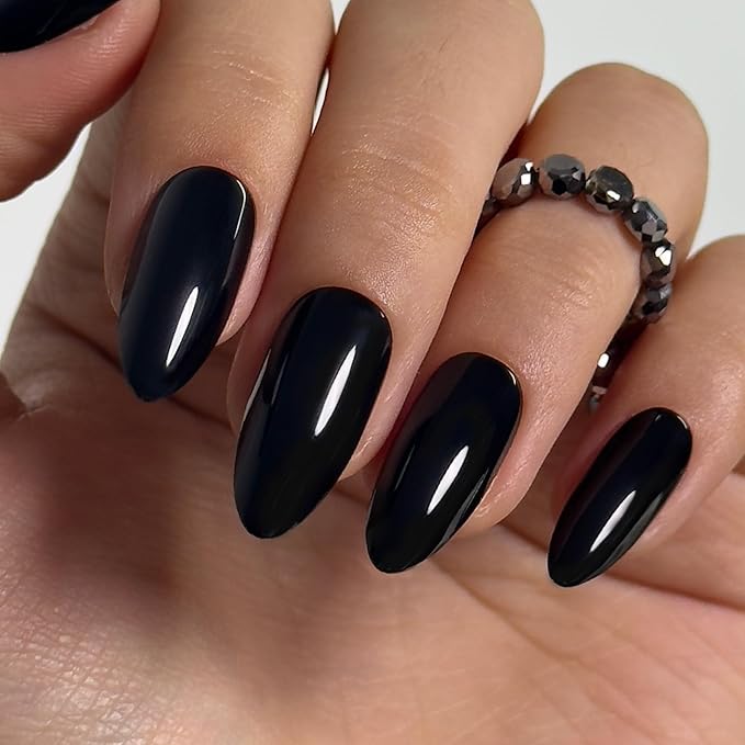 CurvLife Black Press On Nails Long Almond, Soft Gel Salon Quality False Nails with Glue, Long Lasting Daily Nail Tips for Women