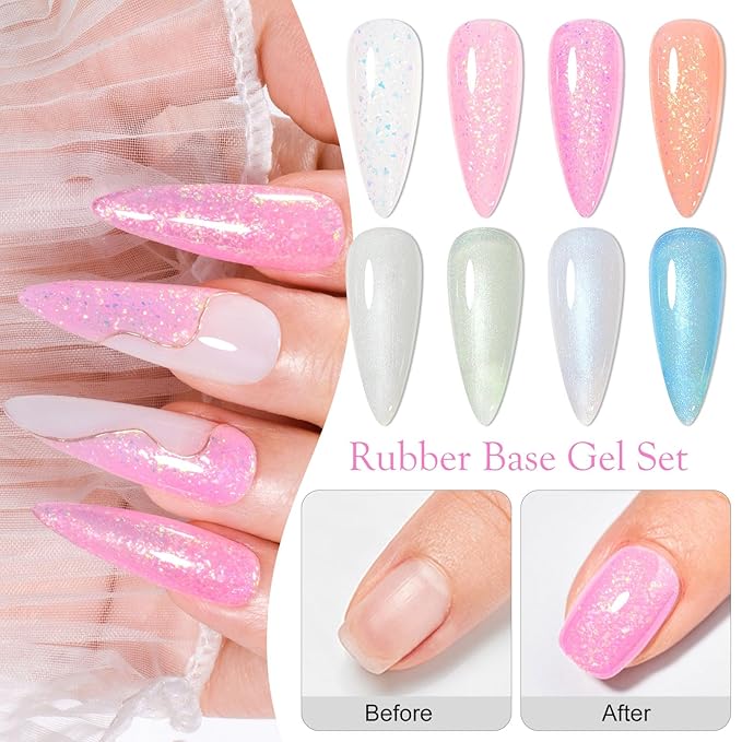 Rubber Base Builder Colors Set, Brocade Pink White Strengthener Builder Extension Gel Polish Pearlescent Off-white Blue Milky Soak Off UV LED Gel Nail Kit Manicure Gift