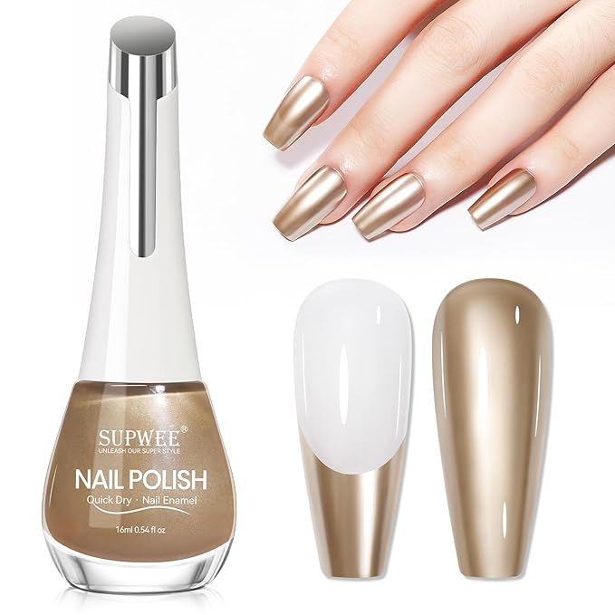 Champagne Mirror Nail Polish Quick Dry Metallic Nail Polish Non Gel High Glossy Nail Lacquer Air Dry Chrome Nails Polishes Oil-based Holo Fingernail and Toenail