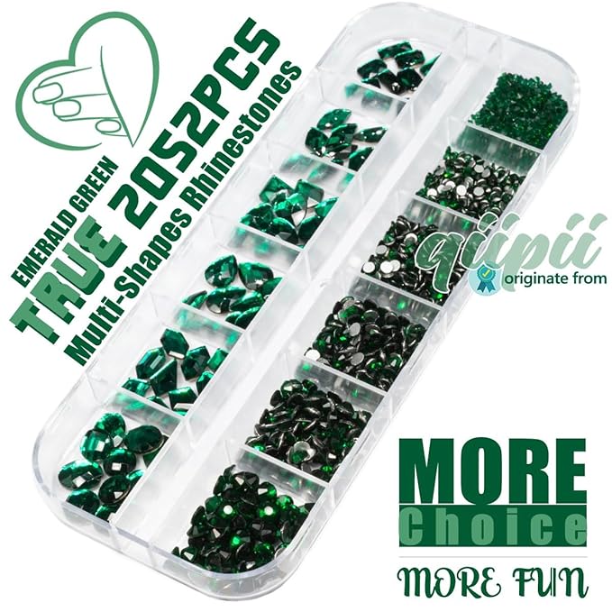 2052Pcs Emerald Green Nail Art Rhinestones Kit Green Nail Charms Multi Shapes Crystal Flatback Rhinestones Big Gems + Round Beads Glass Stones Diamonds jewels for Nails Faces Eyes Makeup Crafts