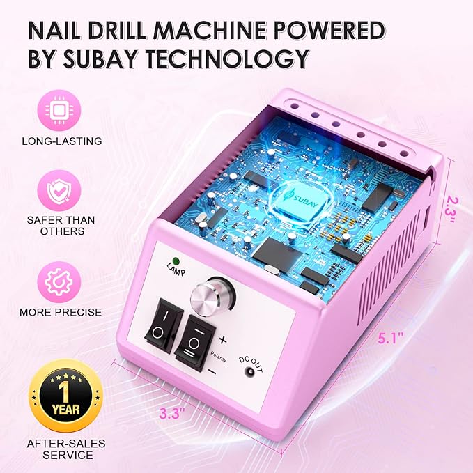 Subay 30000RPM Professional Nail Drill Machine for Acrylic Nails, Gel Nail, Nail Art Polisher Sets with 6 Bits Easy Build-in Bit Holder Twist Lock Changing Bit