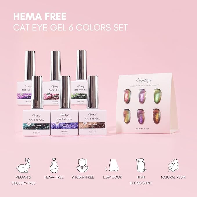 vettsy Magnetic Gel Nail Polish Set with Magnet, 6 Colors Cat Eyes Gel Polish Kit with Cat Eyes Effect for DIY Nail Art Manicure at Home (Spectrum)