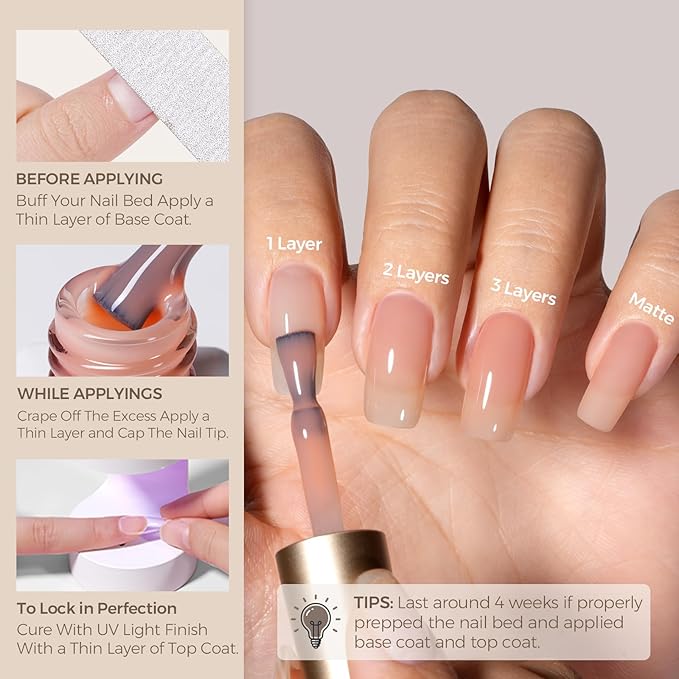 AILLSA Nude Gel Polish Light Natural Jelly Gel Nail Polish Sheer Neutral Color Translucent Gel Polish Skin Tone Soak Off U V Gel for Nail Art French Manicure at Home 0.51 Fl Oz /GB56