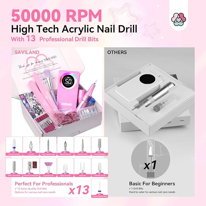 SAVILAND 50000RPM Professional Nail Drill: Rechargeable Electric Nail File 6000mAh Battery Nail Filer Electric for Manicure Pedicure Shaping & Acrylic Removal Salon Use Drill para Uñas Profesional