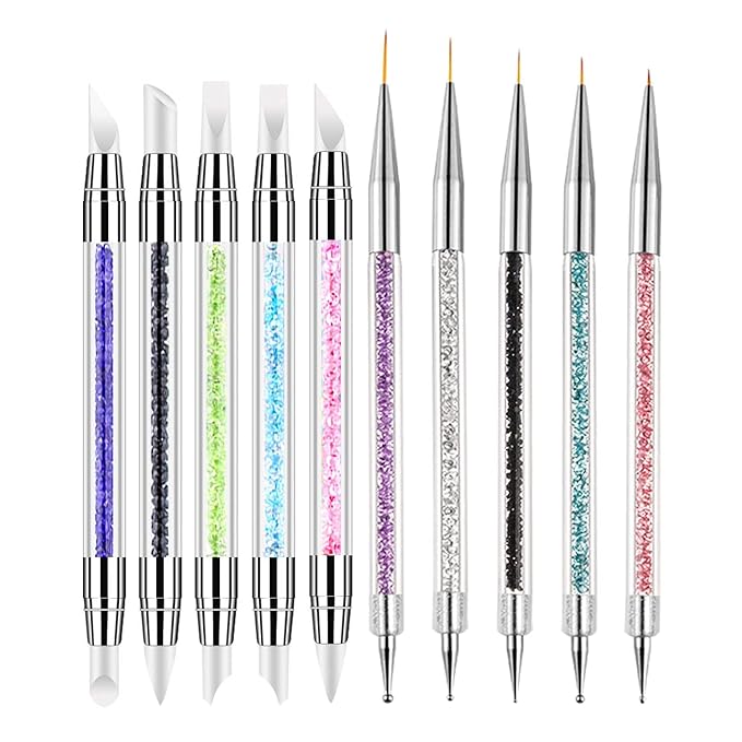 DANNEASY 10 Pieces Acrylic Nail Brush Dual Tipped Silicone Nail Tools Nail Dotting Tool Nail Painting Pen Nail Polish Carving Pen Liner Thin Nail Art Brush