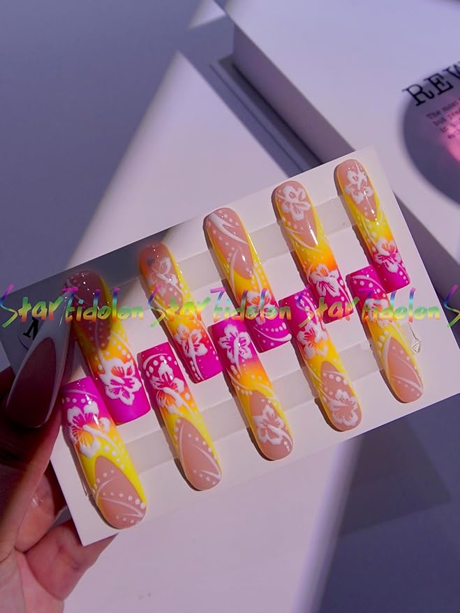 HAND-PAINTED White Press Ons Neon Small Press on Nails Long French Press on Nails Coffin Medium Short Nail art Fake Nail Art Kit with 7g Glue on Nails Handmade Almond Square Nails (TJ55, X-Small)