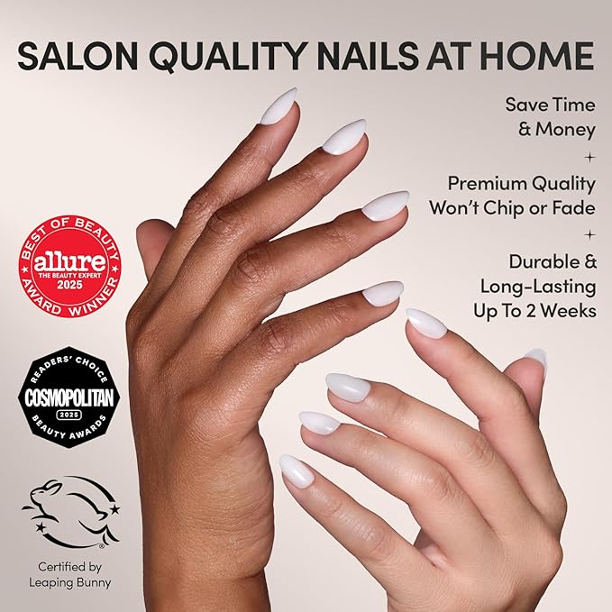 Glamnetic Press On Nails - White Swan Fake Nails | Opaque Classic Off White Short Oval Fake Nails, Salon Quality | 15 Sizes - 30 Nail Kit with Glue