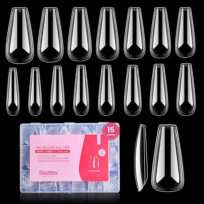 Beetles Gel Nail Tips Upgraded 15 Sizes Long Coffin Nail Tips 630Pcs Pre-Shaped Clear Full Cover False Nails Easy Nail Extension for Gel Polish Gift for Women