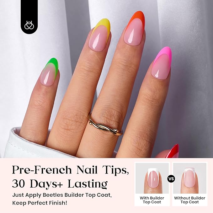 Beetles X Press Gel Nail Kit: 7 Colors Short Almond French Tip Press On Nails Kit With 224Pcs Nail Tips Nail Glue & Builder Top Coat Mini UV Light, All-in-One DIY Designs Gift For Women At Home