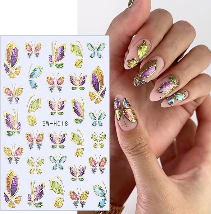 6 Sheets Butterfly Nail Decals for Nail Art Spring Flower Nail Stickers 3D Self-Adhesive Colorful Butterfly Nail Art Stickers Gold Floral Leaf Nail Decoration for Women Girls DIY Manicure Supplies