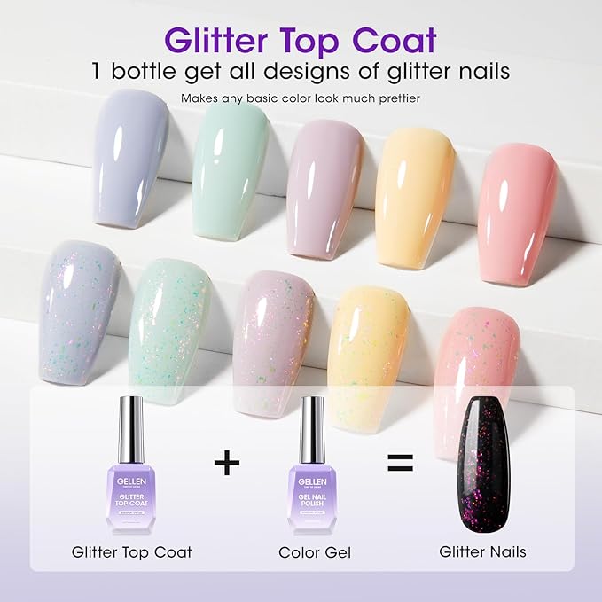 Gellen Gel Top and Base Coat, 4pcs 18ml No Wipe Matte Glossy Glitter Gel Top Coat, Clear UV Base Coat Gel Nail Polish, Soak Off Nail Lamp Gel Base Top Coat Long Lasting Home Gel Manicure