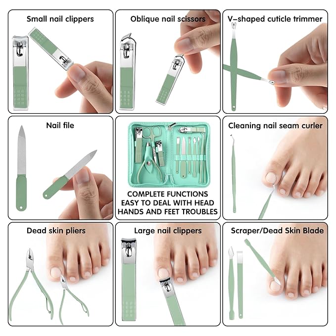 Nail Kit, Manicure Kit, Nail Care Kit for Women, Manicure Pedicure Set, Nail Clippers Toenail Clippers Kit, Professional Manicure Kit Pedicure Kit, Green Travel Case, Set of 12.