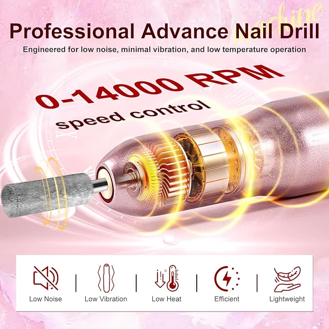 JODSONE Electric USB Nail Drill for Acrylic and Gel 14000RPM Portable Nail File Efile Set with Nail Drill Bits Sanding Bands Pink