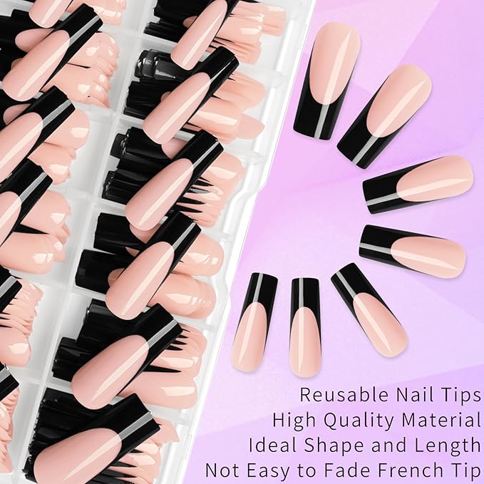 216PC Black French Tip Press on Nails Long Fake Nails Press ons with 10*Adhesive Tabs, Pink Square Acrylic Nails Press on Nails French Tip Nails False Artificial Fingernails Stick on Nails