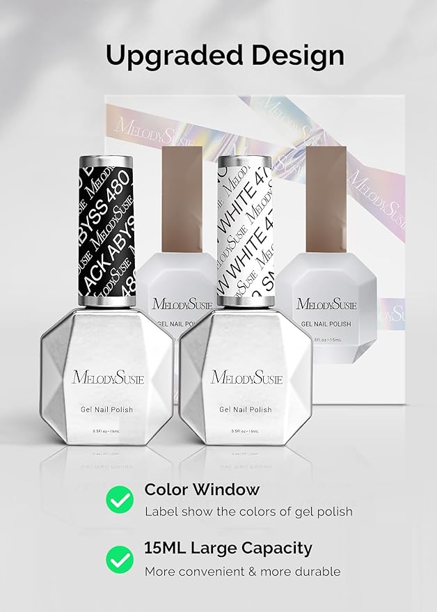 MelodySusie Thick Gel Nail Polish Set- 2 Pcs 15ML Black & White Gel Polish Set Soak Off UV LED White Gel Polish Christmas Gift for Women Nail Art Manicure Salon DIY Nail Design Decoration at Home
