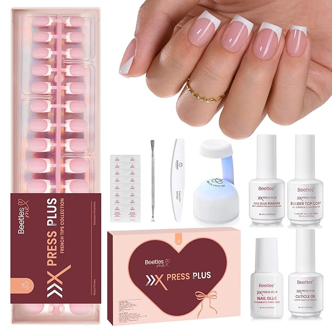 Beetles X Press Plus Gel Nails Kit | Pink French Tip Press On Nails Short Square | 15 Sizes 150Pcs All-in-One Kit With Nail Glue,Remover,Builder Top Coat,Nail Lamp Gift For Women