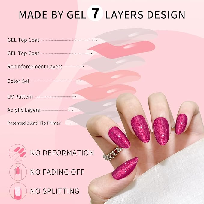 Rose Red Almond Cat Eyes Press On Nails,12 Sizes - 24 Pcs Soft Gel Red Medium Fake Nails Kit with Nail Glue, Natural Reusable Stick On False Nails for Women and Girls SK1024