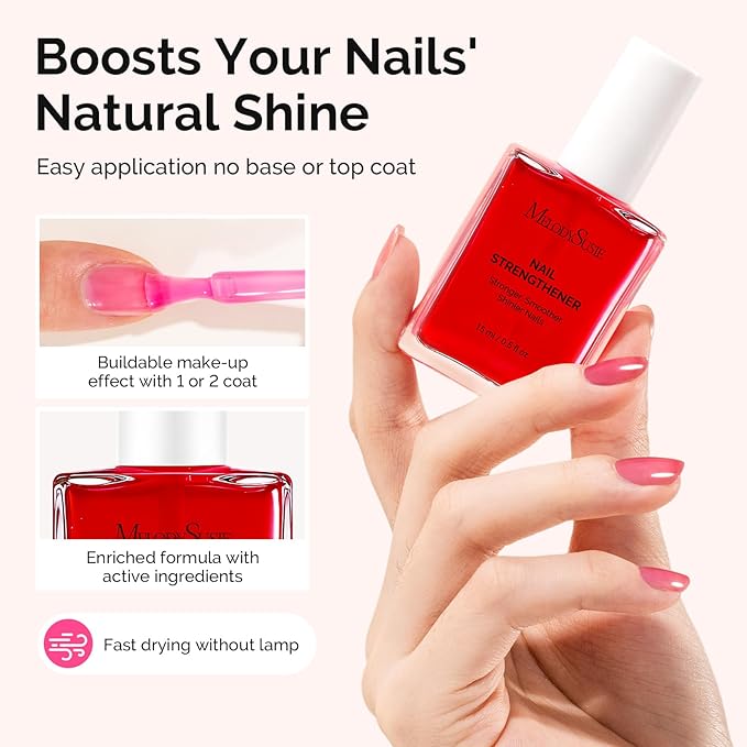 MelodySusie Nail Strengthener and Growth Treatment, 2-in-1 Ridge Filling Base Coat & Glossy Concealer Polish for Damaged Nail Repair and Healthy Shine,Gifts for Women 15ml 0.5 Fl Oz Red
