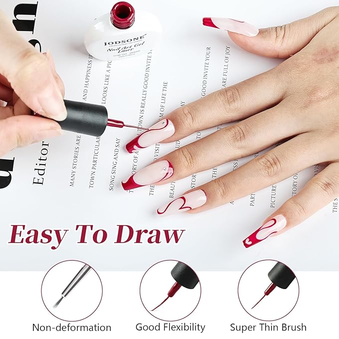JODSONE Dark Red Swirl Nail Art Liner Gel Polish,10ml Classic Color 3D Nail Art Pens Effect Nail Print Design with Thin Brush for French Tips Manicure Painting DIY at Home - LB22