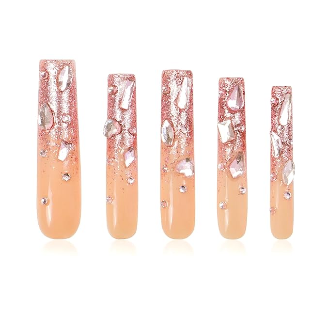 LOVFUL Press on Nails Pink Glitter | Handmade with Full Covered Crystals | Reusable Fake Nails | Square Long 2.2 in | H60-M