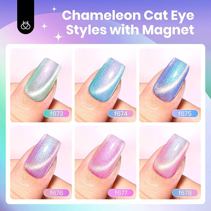Beetles Prismatic Mirage Cat Eye Gel Nail Polish Set - 6 Colors Spring Cat Eye Gel Polish Kit Green Pink Blue Purple with Magnet Soak Off UV Salon Nail Art Manicure Gift for Women