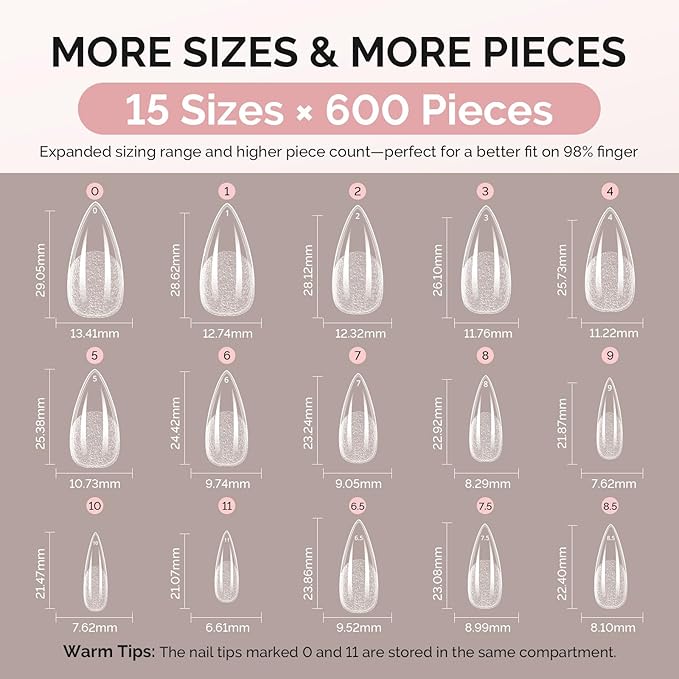 MelodySusie Medium Almond Stiletto X Nail Tips - 600Pcs 15 Sizes Clear Acrylic, Half Matte Full Cover Press on Nails for DIY Extension & Salon Use, Pre-Shaped for Long-Lasting Manicure
