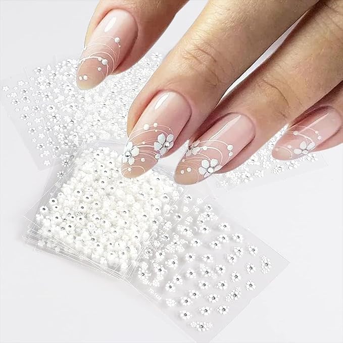 30 Sheets White Flower Nail Art Stickers 3D Self Adhesive Floral Nail Decals Flower with Rhinestones Nail Art Supplies White Flower Nail Stickers for Women Girls Manicure Decoration