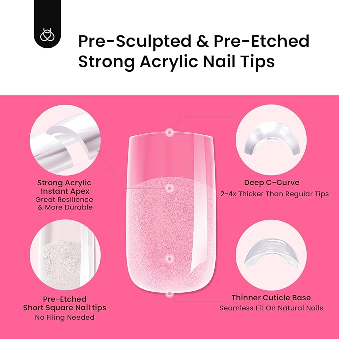Beetles Tipex Instant Apex Nail Tips Kit Short Square , 224 Pcs Pre-Building Pre-Etched False Nail Tips with Tipex Nail Glue, Mini Nail Lamp-Thick Acrylic Nail Tips Set