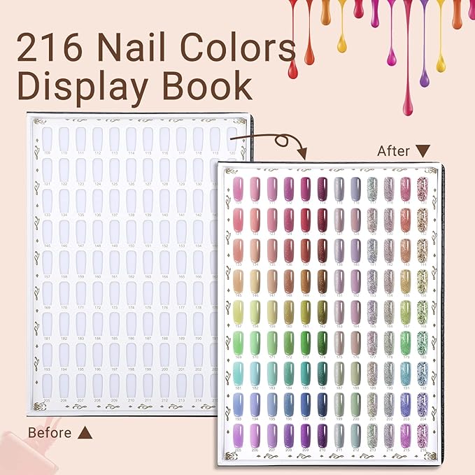 Segbeauty 216 Nail Colors Display Book, Nail Gel Polish Organizer Display Chart with 240 False Nails Tips, Professional Salon Fingernail Art Booklet Color Swatches Stick Tip Supplies Samples Black