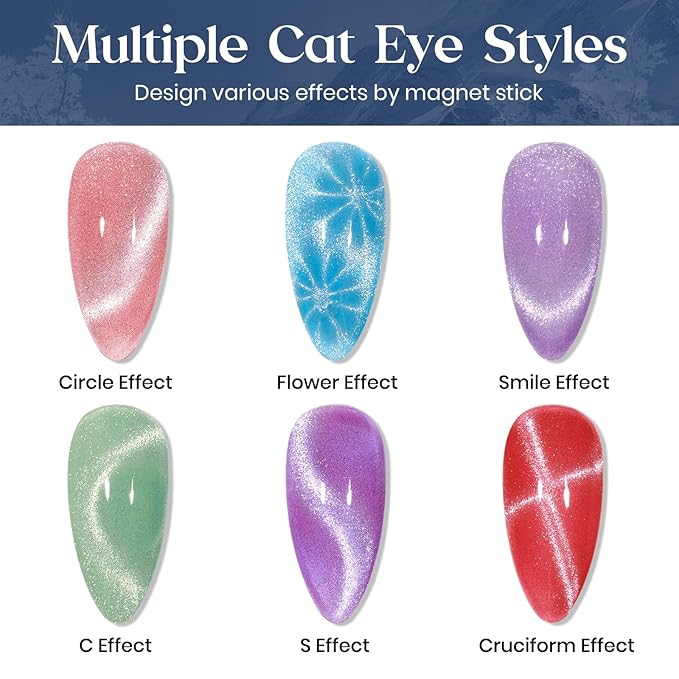 MIZHSE Cat Eye Gel Nail Polish, 8 Colors Velvet Magnetic Gel Polish Kit with Magnet Stick, Holographic Glitter Smoothie Winter Colors Silver Purple Pink Soak Off Nail Art Salon Home Manicure Gift